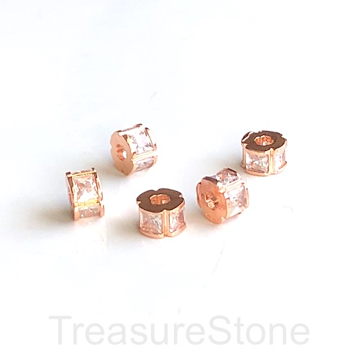 Pave Bead, brass, 4x6mm rose gold tube, clear CZ. Each