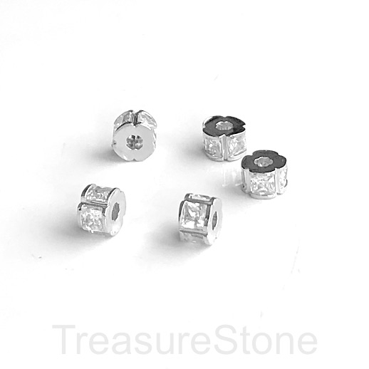 Pave Bead, brass, 4x6mm silver tube, clear CZ. Each