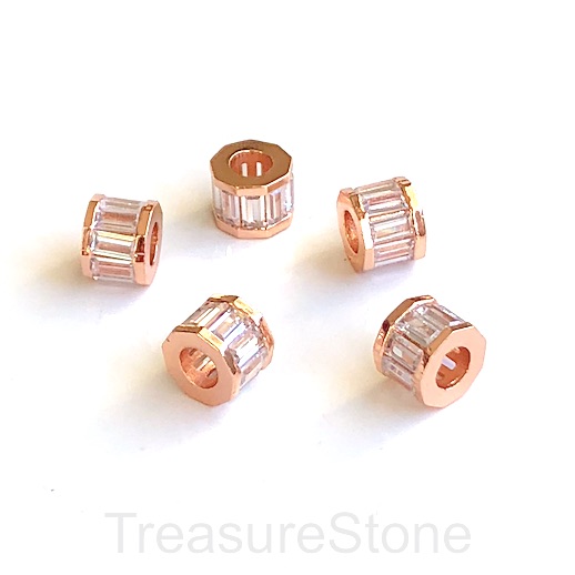 Pave Bead,7x9mm rose gold octagon tube,large hole:4.5mm,clear CZ