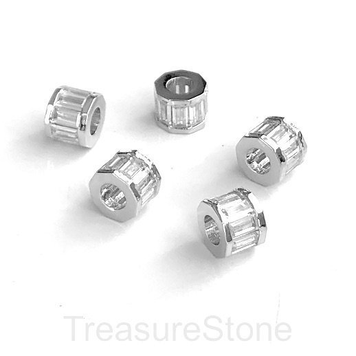 Pave Bead,7x9mm silver octagon tube,large hole:4.5mm,clear CZ.Ea