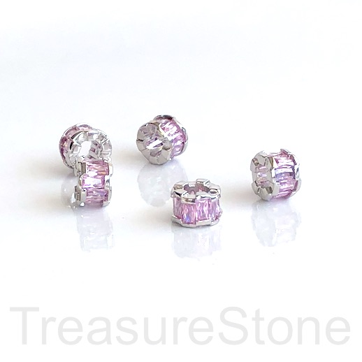 Bead, brass, 9x7mm silver tube, pink CZ, large hole, 3mm. Ea