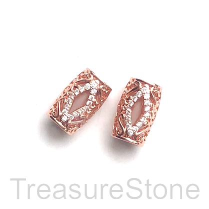 Micro Pave Bead, brass, rose gold, 10x15mm filigree tube. Each
