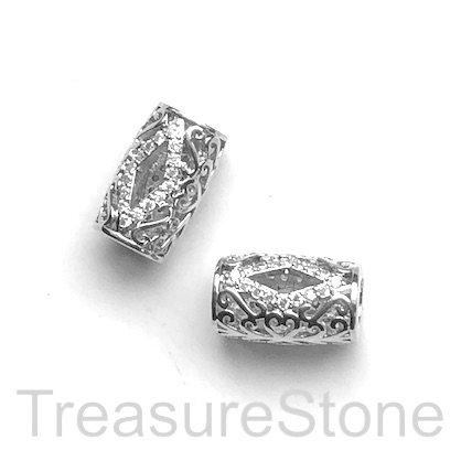 Micro Pave Bead, brass, silver, 10x15mm filigree tube. Each
