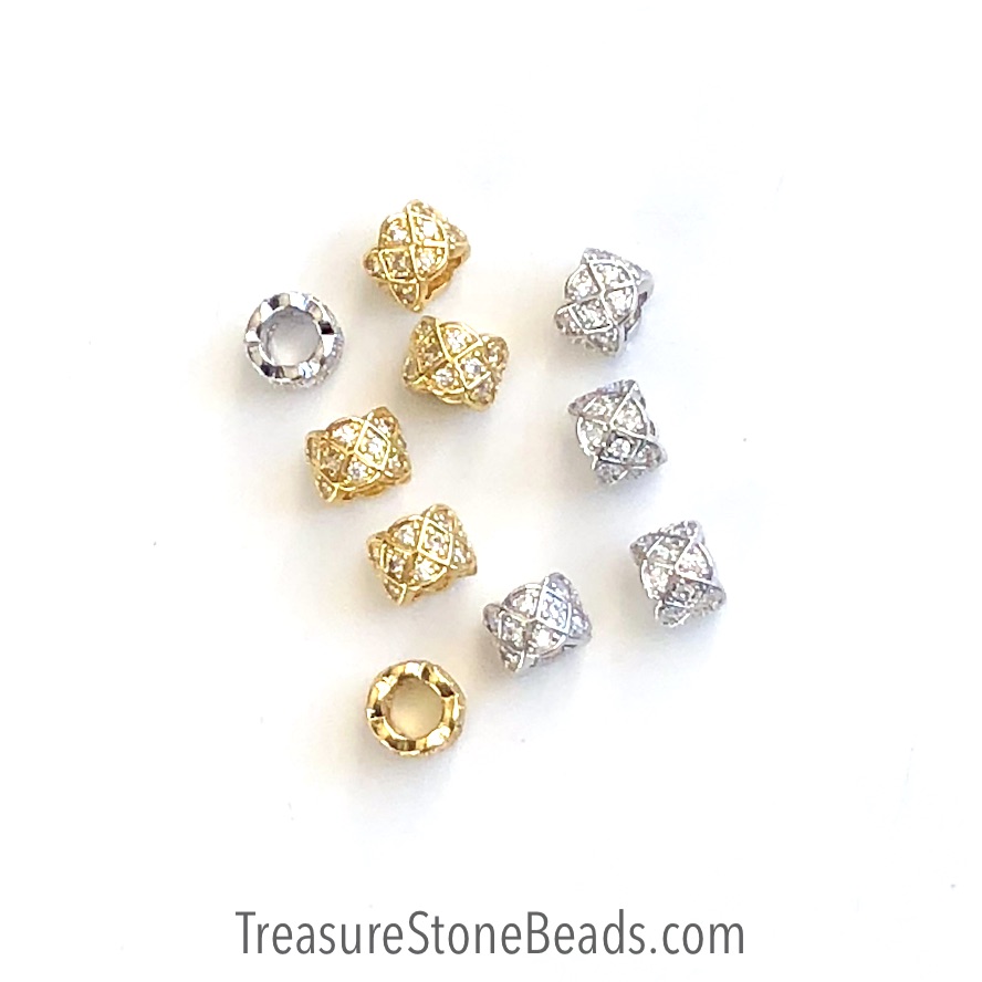 Pave Bead, brass,6x8mm tube,silver, large hole:4.5mm.clear CZ.Ea