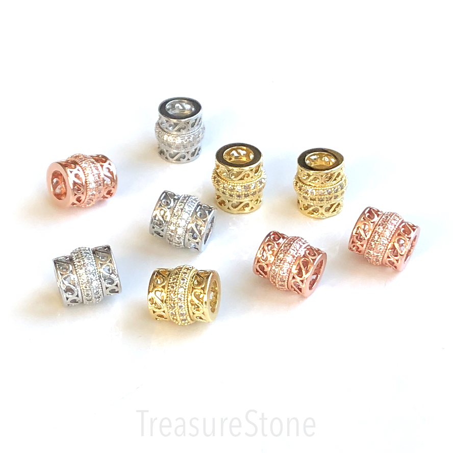 Pave Bead, 9mm tube, gold brass, clear CZ, hole, 4.5mm. ea