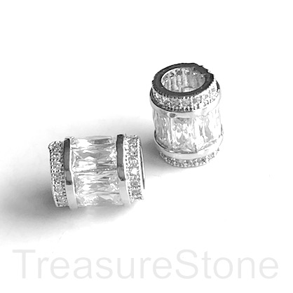 Pave Bead, 9x12mm tube, silver, clear CZ, large hole:4.5mm. ea