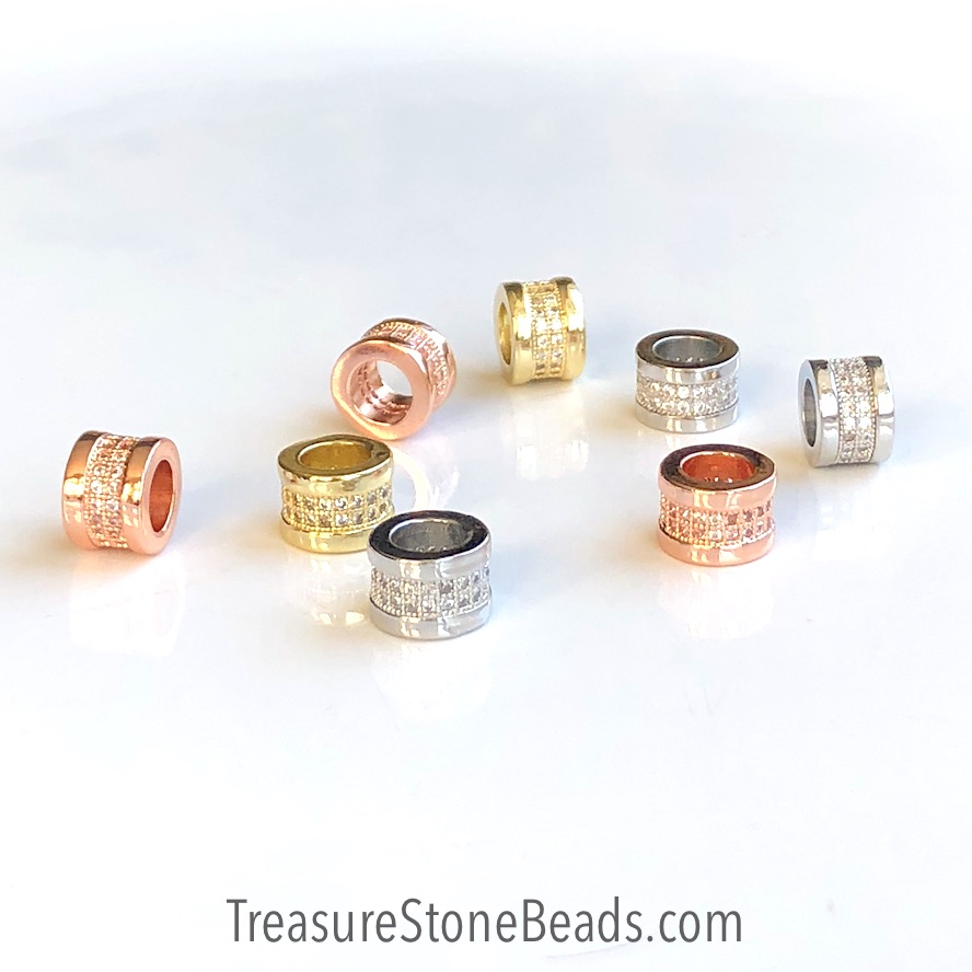 Pave Bead, 6x8mm tube, rose gold brass, clear CZ, hole, 5mm. ea