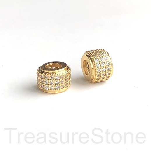 Pave Bead, brass, 6x9mm tube, large hole:3.5mm, gold,clear CZ.Ea