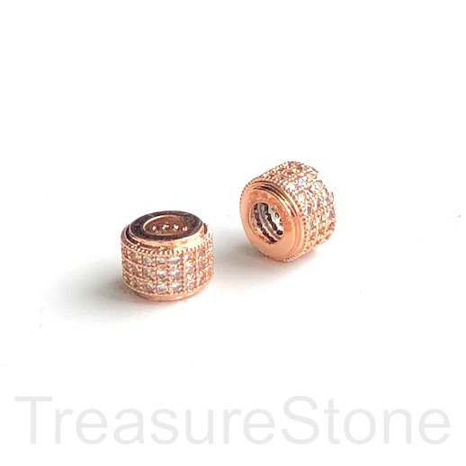 Pave Bead,brass,6x9mm tube,large hole:3.5mm,rose gold,clear CZ