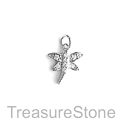 Charm, brass, 13mm silver dragonfly, Cubic Zirconia. Each - Click Image to Close