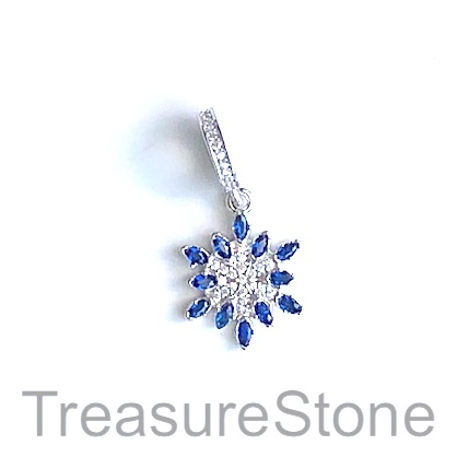 Charm, pendant, 15mm snowflake, sapphire Cubic Zirconia. Ea