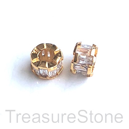 Bead, brass, 9x7mm gold tube, CZ, large hole, 3mm. Each