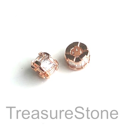 Bead, brass, 9x7mm rose gold tube, CZ, large hole, 3mm. Each