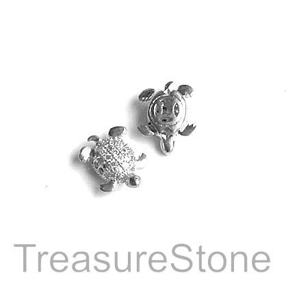 Micro Pave Bead, brass, silver, 9x11mm turtle. Ea