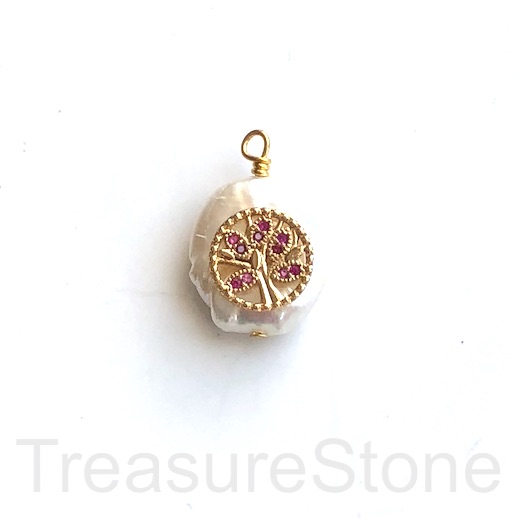 Pave Charm, Pendant, Pearl, brass, 13mm Tree of Life, ruby CZ.Ea