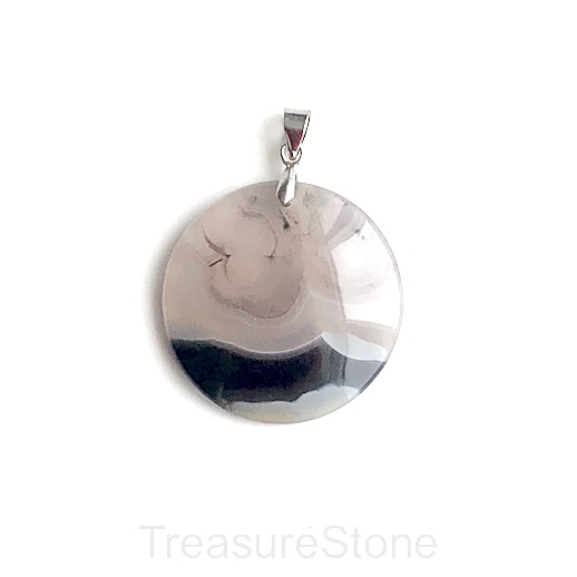 Pendant, agate, white, black, 30mm coin. each. - Click Image to Close