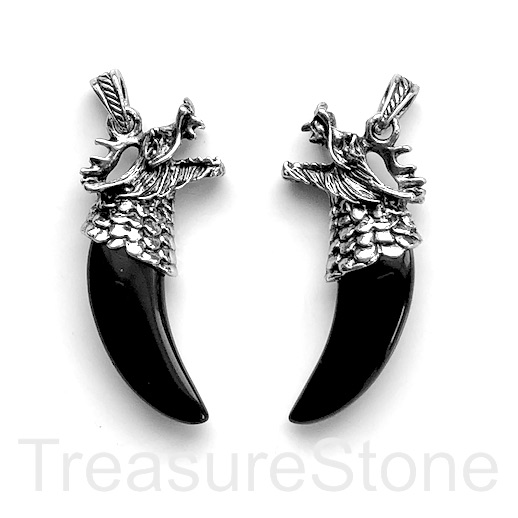 Pendant, black obsidian, 22x55 mm, silver dragon tooth. Each.