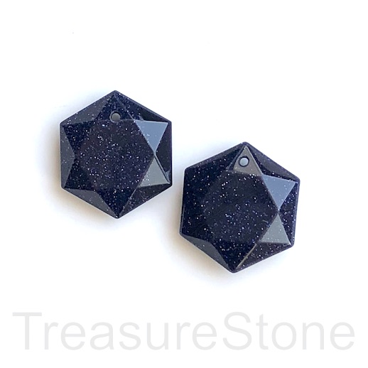 Pendant, blue goldstone, 28mm faceted Hexagon. Each.