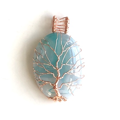 Pendant, blue agate. 30x40mm Tree of Life. Sold individually.