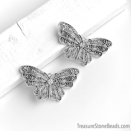 Pendant, silver-finished, 38x68mm filigree butterfly. Each. - Click Image to Close