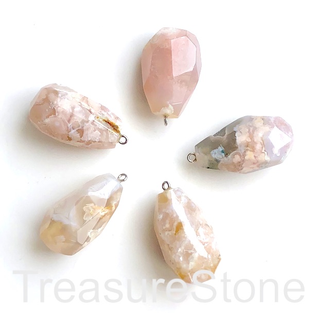 Pendant, Cherry Blossom Agate, 22x37mm faceted nugget. Each