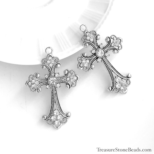 Pendant, silver-finished, 63mm cross with rhinestones. each