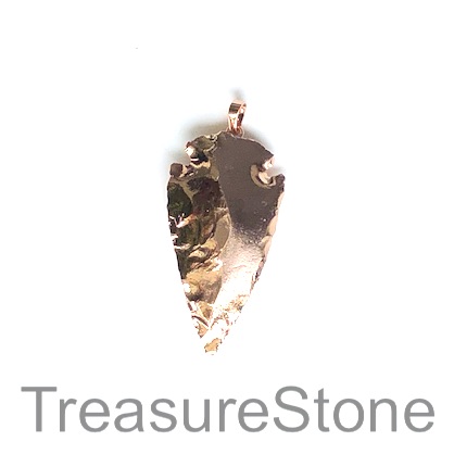 Pendant, rose gold plated, crystal quartz, 24x44mm arrowhead. Ea