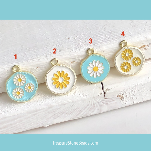 Charm / Pendant, 17mm white daisy 2, gold, Enamel. Pack of 3 - Click Image to Close