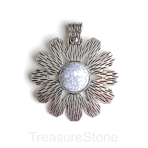 Pendant, synthetic turquoise, white. 60mm, daisy. Each.