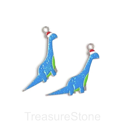 Charm, pendant, 26x37mm Enamel, blue silver dinosaur. each