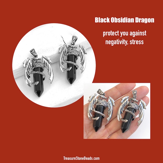 Pendant, black obsidian. 34x48mm dragon, silver. Each.