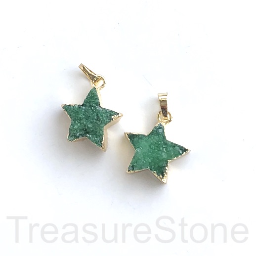 Charm/ Pendant, druzy, green, dyed, gold top, 20mm star. Ea