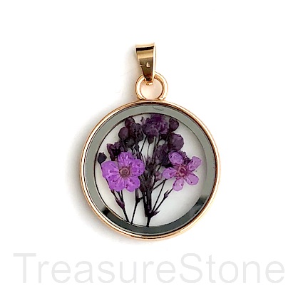 Pendant, glass, dry purple flower, 28mm. Sold individually.
