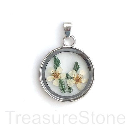 Pendant, glass, dry white flower, 28mm. Sold individually.