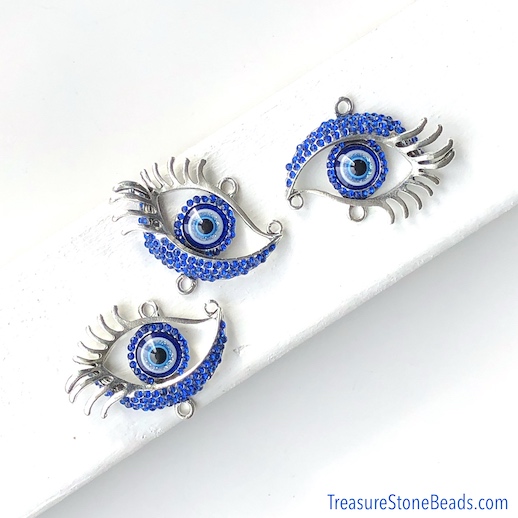 Pendant, silver-plated, blue crystals, evil eye, 30x47mm. ea