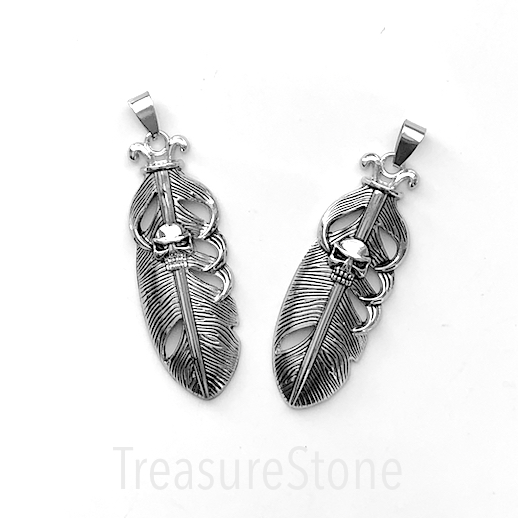Pendant, stainless steel treated, 19x54mm feather with skull. ea