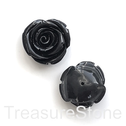 Charm, Pendant, coral (dyed), black, 25mm carved rose flower. ea
