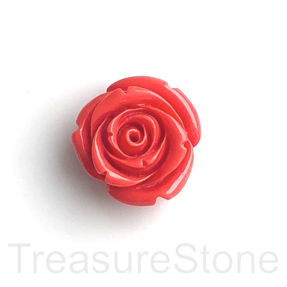Charm, Pendant, coral (dyed), red, 25mm carved rose flower. ea