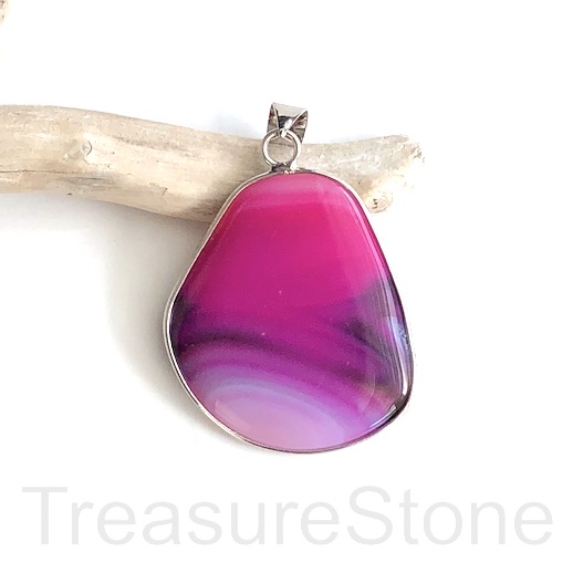 Pendant, fuchsia pink agate 5, dyed, 40x44mm, silver frame. each