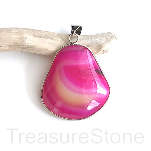 Pendant, fuchsia pink agate, dyed, 40x44mm, silver frame. each