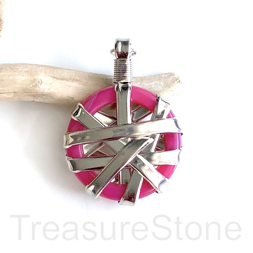 Pendant, fuchsia pink agate, dyed, 44mm, silver wired frame.each