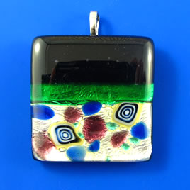 Pendant, lampwork glass, 37mm square. Sold individually.