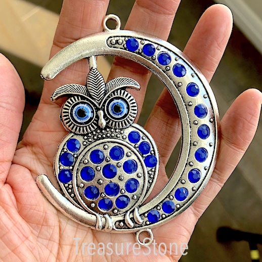 Pendant, connector, silver, 76mm owl with blue crystals. Ea
