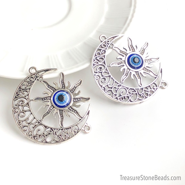 Pendant, link, connector, silver, 52mm moon sun, evil eye. each