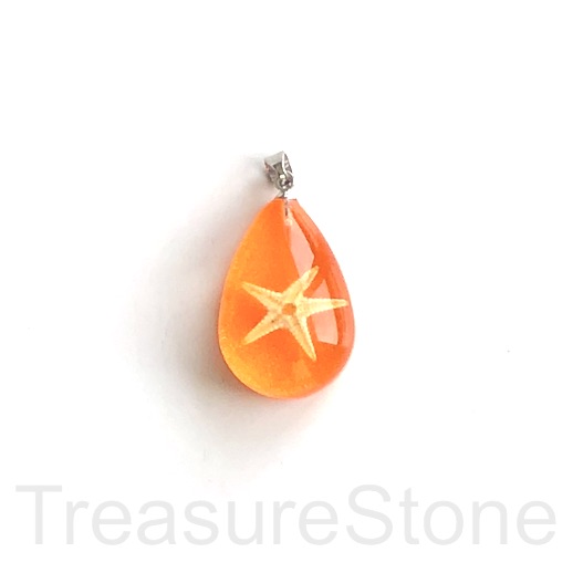Pendant, resin, orange starfish. 18x26mm drop. Each.