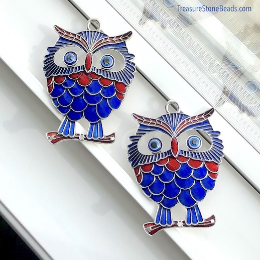 Pendant, silver, blue red enamel, evil eye, 60x75mm owl. ea