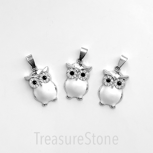 Pendant, stainless steel treated, 17x24mm white owl. each