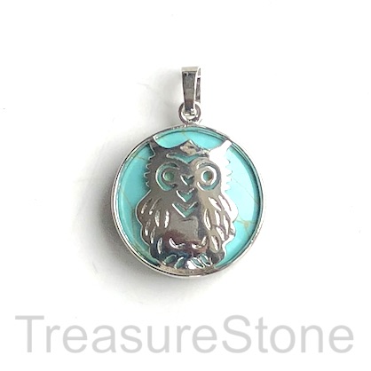 Pendant, 27mm owl, synthetic turquoise. Each.