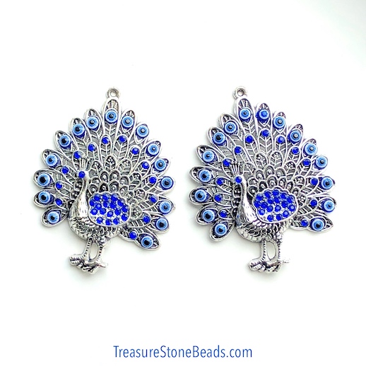 Pendant, 66x80mm peacock, blue crystal, evil eye. each. - Click Image to Close