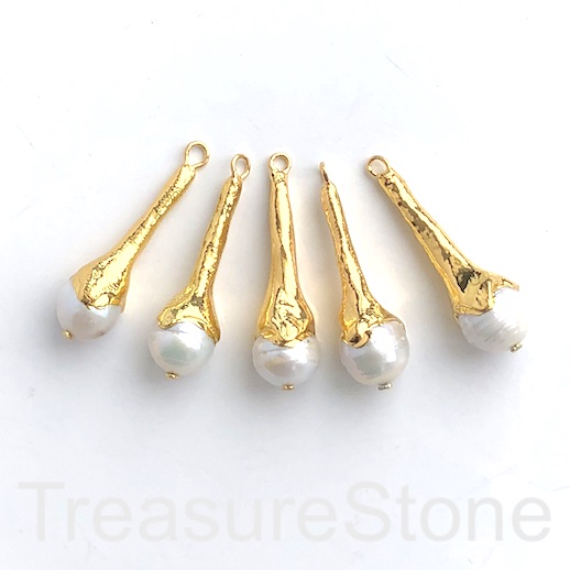 Pendant, fresh water pearl, 12x40mm, gold plated drop. Each